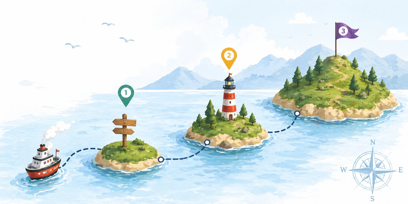 Map showing the journey from ship to islands and lighthouse