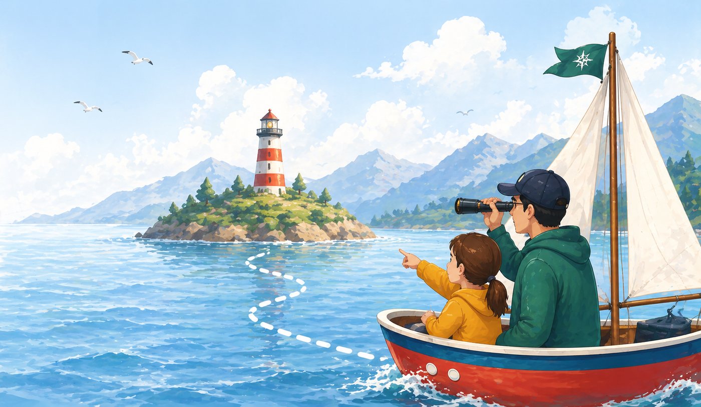 A parent and child in a small boat looking at a lighthouse — the explorer and tour guides