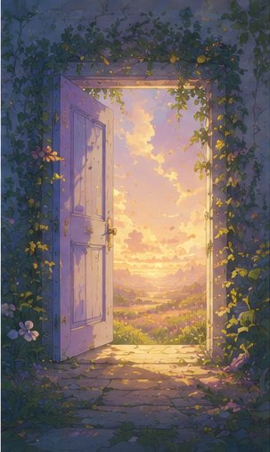 A doorway opening onto a sunset landscape